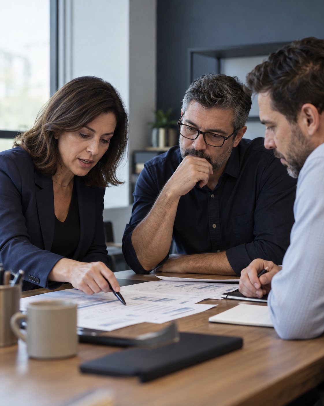 Cena ilustrativa de liderança analisando o modelo comercial da empresa em uma reunião