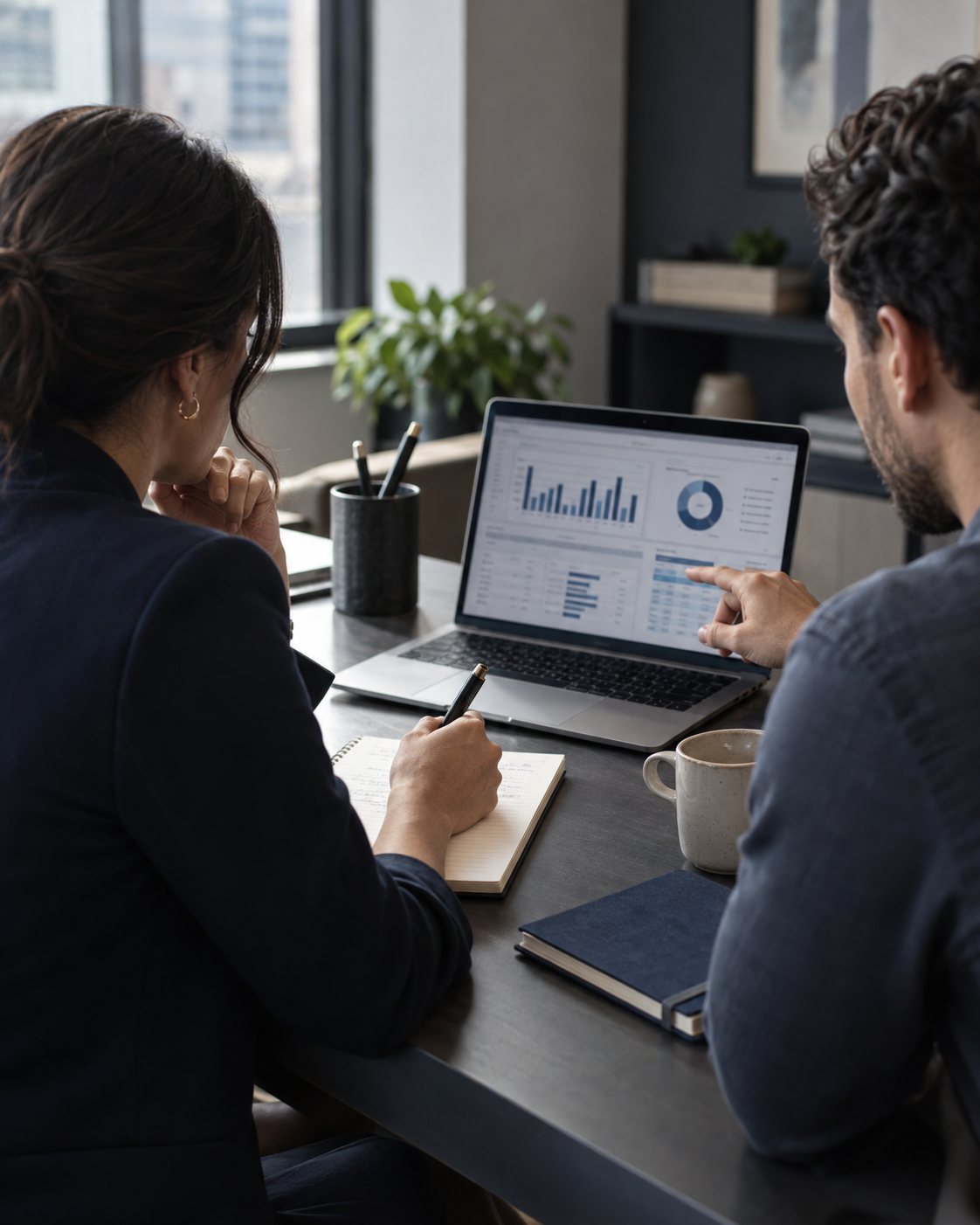 Cena ilustrativa de profissionais analisando indicadores de receita e margem em um computador