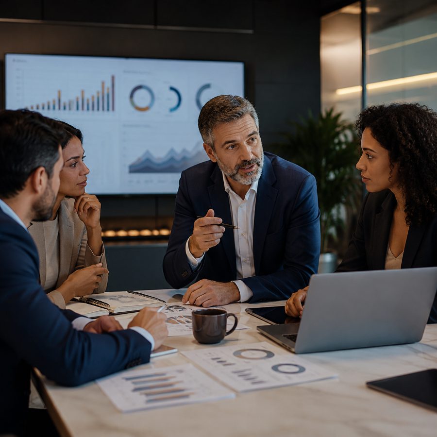 Equipe comercial analisando indicadores em reunião